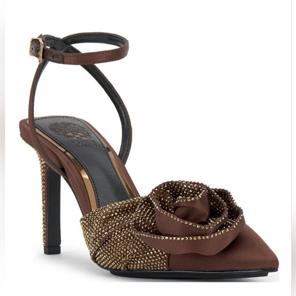 Vince Camuto Pumps 7.5 Brown Satin Bonitaa Flower Rhinestones Pointy New $130